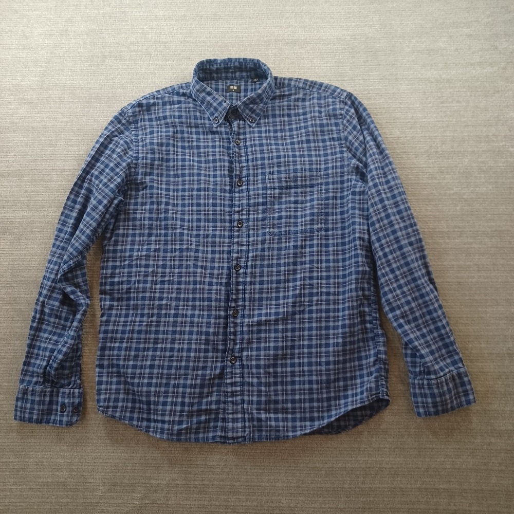Uniqlo‎ Flannel Shirt Mens Medium Blue Check Button Up Casual Hiking Long Sleeve